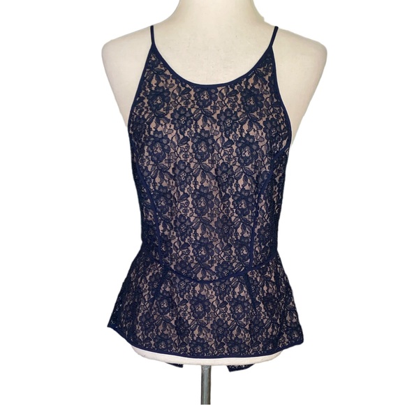 BCBGMAXAZRIA Navy Blue Crochet Lace Peplum Cutout Back Halter Tank Top - 6 - Picture 2 of 13
